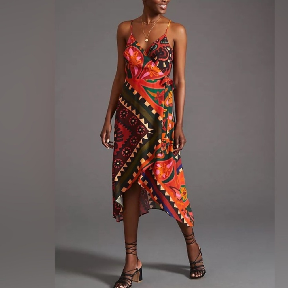 Farm Rio x Anthropologie Hanky wrap Multicolor patterned dress Sz XS Petite